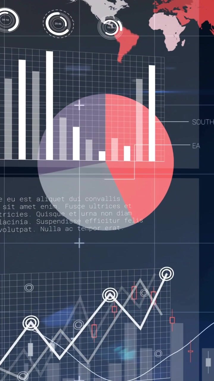 Video verticale: HUD con aggiornamento dati che anima grafici, pannelli scorrevoli, indica percentuali, mostra dati
