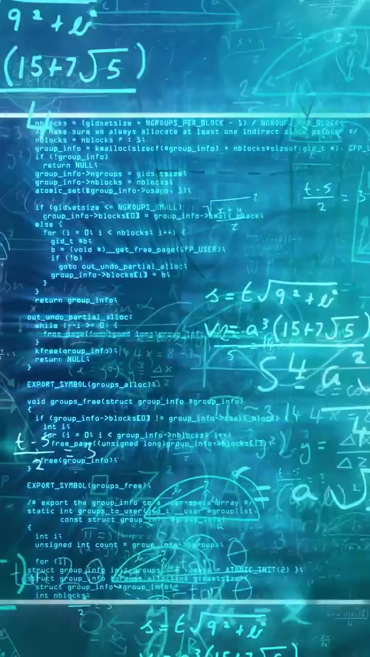 Vertical video: Scrolling code causing layer shifting, math diagrams fading into teal glow for tech