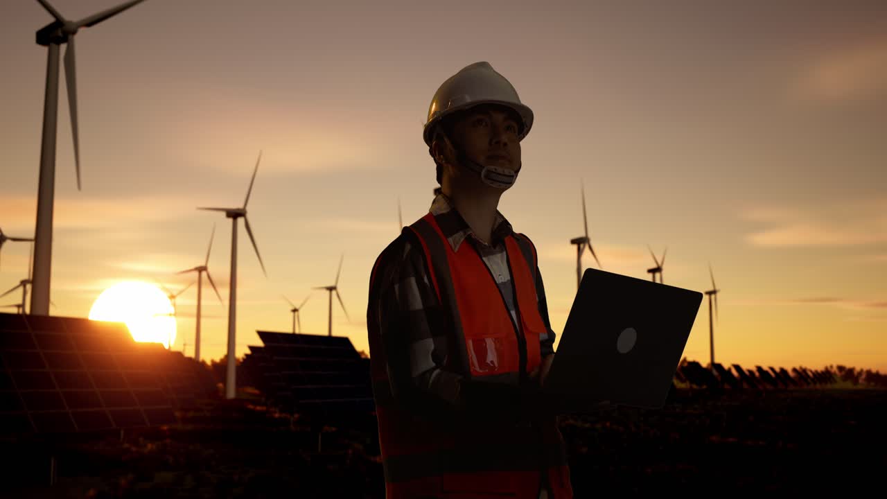 Engineer working at a wind farm at sunset