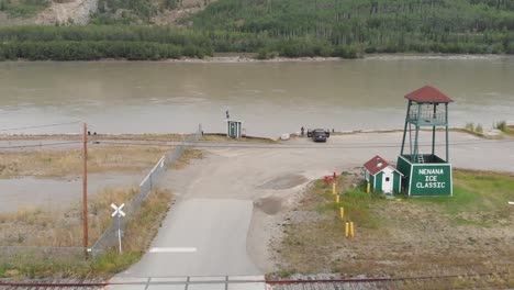 4k drone video of nenana ice classis tripod on the tanana river at nenana, alaska during summer day