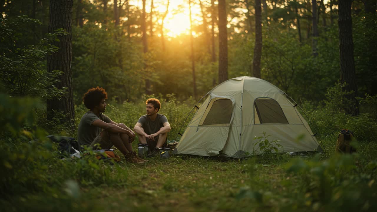 Two friends enjoy a serene camping experience in the woods at sunset, surrounded by nature as they relax by their tent with a dog nearby, creating unforgettable memories