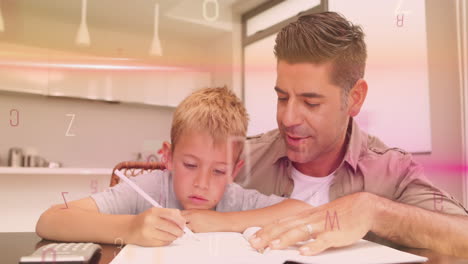 animación de cartas sobre feliz padre caucásico con hijo aprendiendo