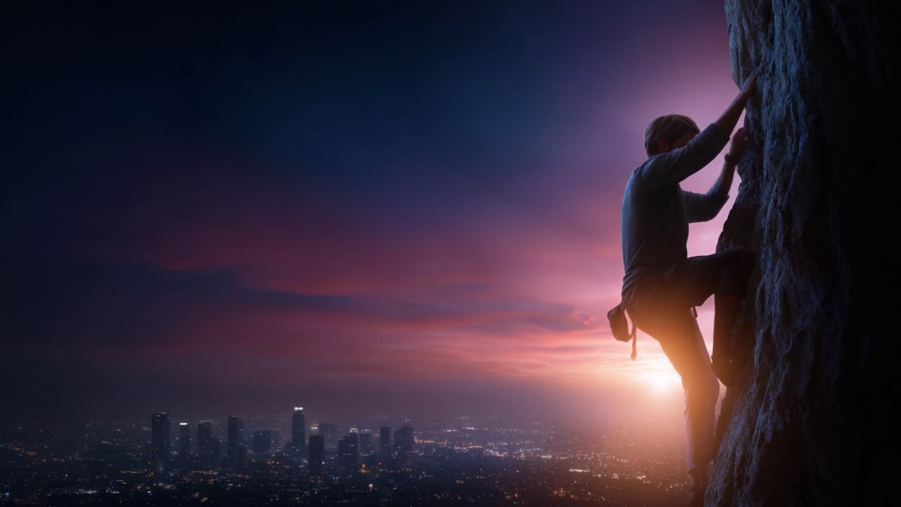 Un alpinista conquista le altezze al tramonto, mostrando determinazione e forza contro uno sfondo mozzafiato dello skyline urbano pieno di colori vivaci.