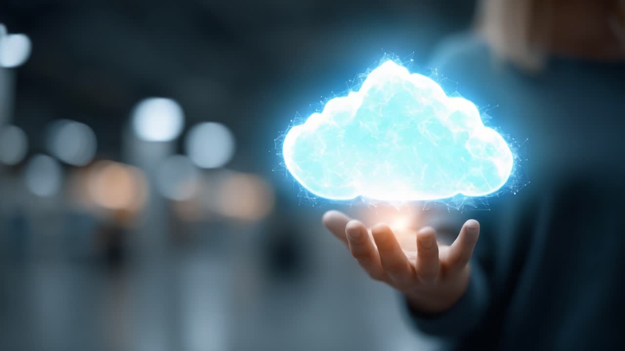 A Person Holding a Digital Cloud Illustration with Glowing Effects, Representing Data Storage, Technology, and Modern Innovations in a Futuristic Environment