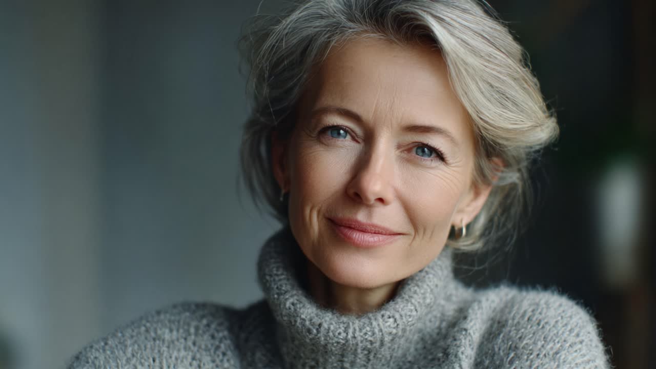 A Captivating Close-Up of a Mature Woman with Gray Hair Wearing a Cozy Sweater, Radiating Warmth and Positivity in a Soft, Natural Setting