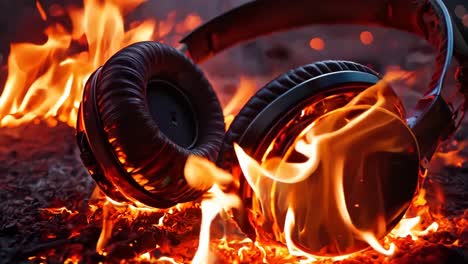 a pair of headphones sitting on top of a fire