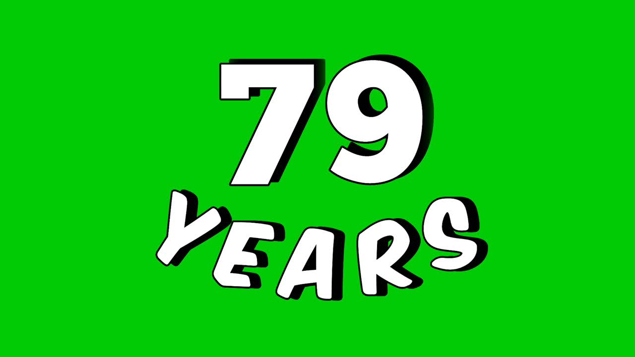 Cartoon style number 79 years text animation on a green screen background, perfect for birthday, anniversary, and celebration videos. Motion graphic element with chroma key for easy integration