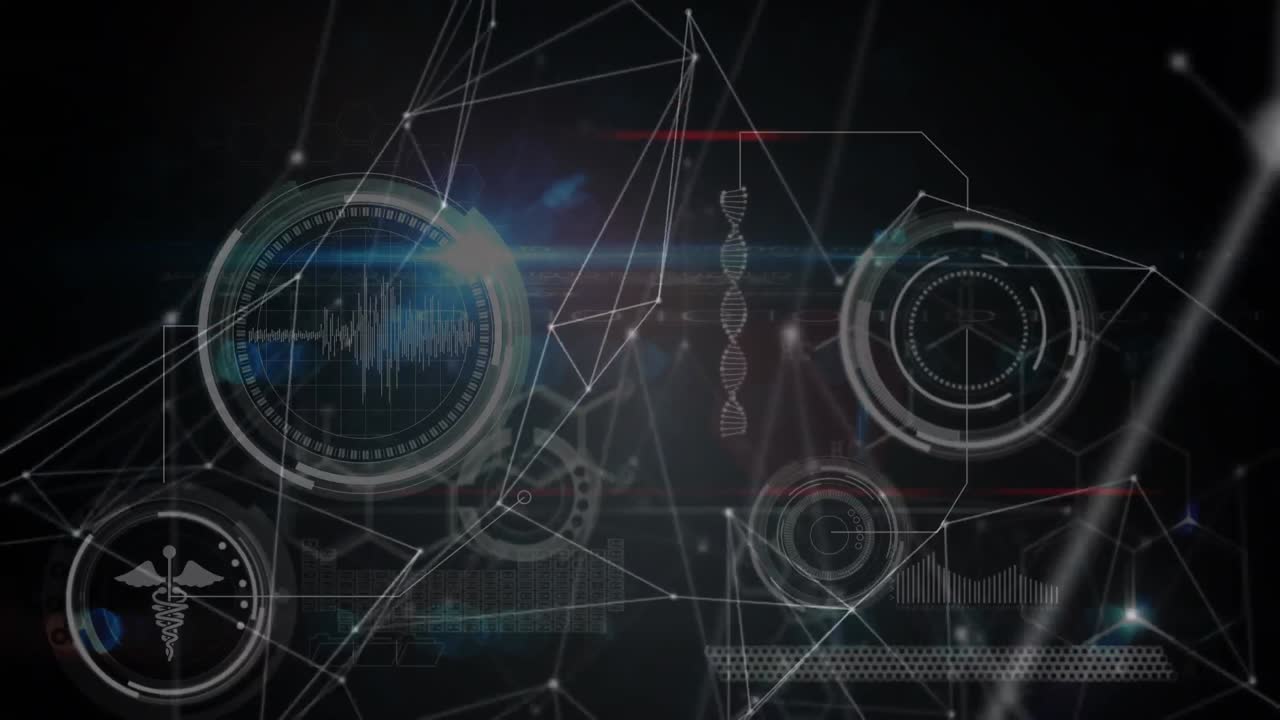 Animation of networks of connections and medical data processing over black background