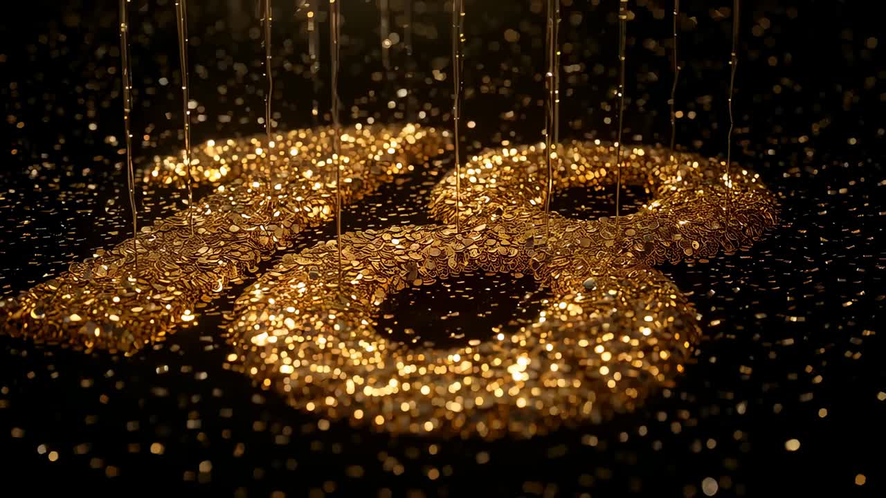 Descending molten gold streams depositing discs, building numeral 18 on glossy black spotlit floor