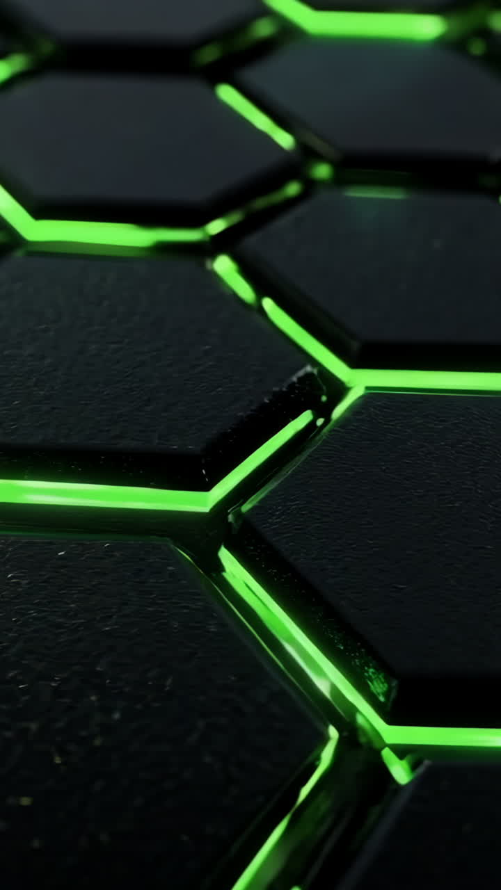 A black and green hexagonal pattern with neon green lights. The pattern is made up of small squares that are all connected to each other. Scene is energetic and dynamic