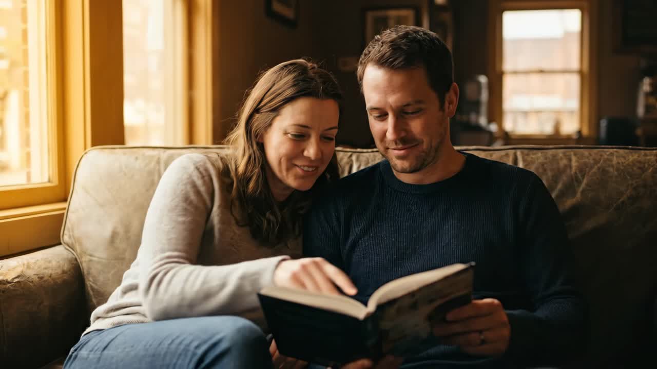 Coppia felice che legge un libro insieme su un comodo divano