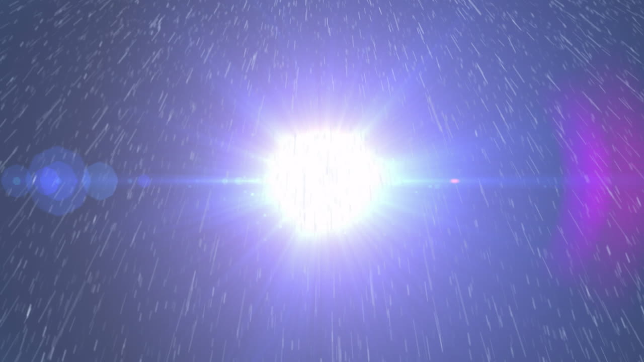 Bright light source shining through heavy rain, creating blue purple lens flare in 3D render