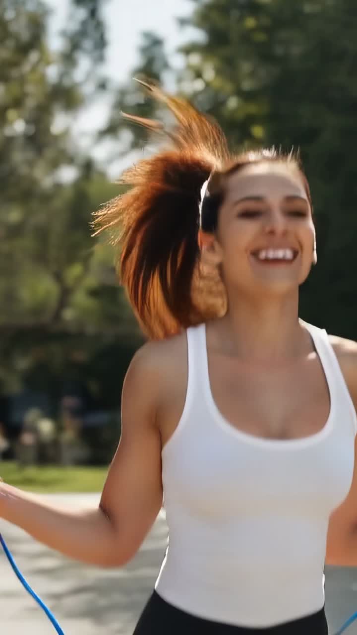 Donna che alza le braccia per far oscillare una corda blu, saltando e atterrando, mantenendo il ritmo per il fitness all'aperto
