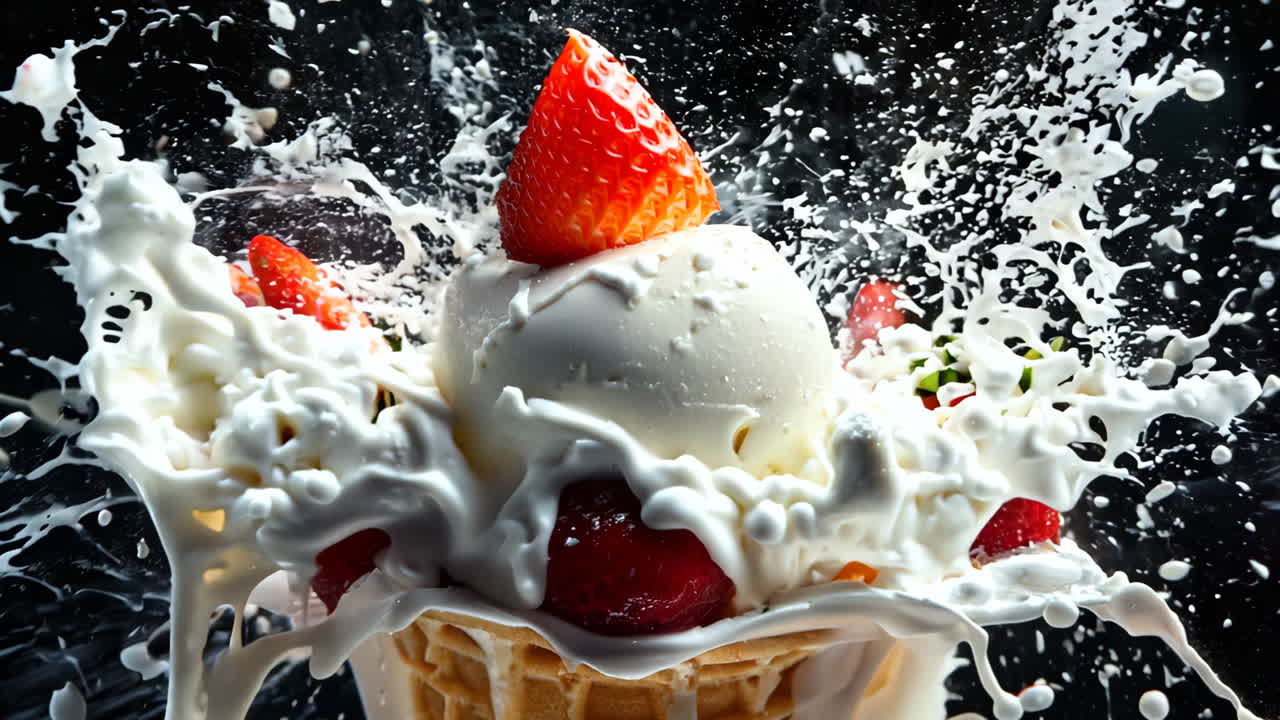 A white ice cream cone with strawberries and kiwi on top. The ice cream is melting and dripping down the sides of the cone