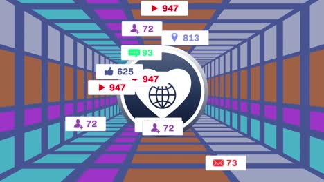 Animation-Von-Herz-,-Globus--Und-Social-Media-Reaktionen-über-Einem-Sich-Bewegenden-Bunten-Tunnel