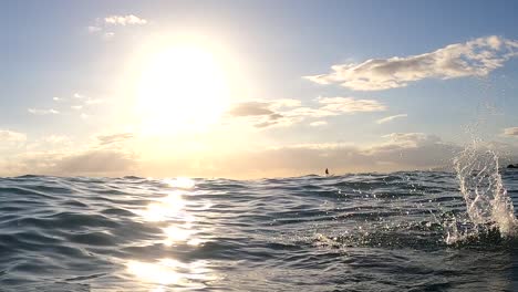 Silueta-De-Surfista-Durante-La-Puesta-De-Sol-En-Waikiki,-Hawaii