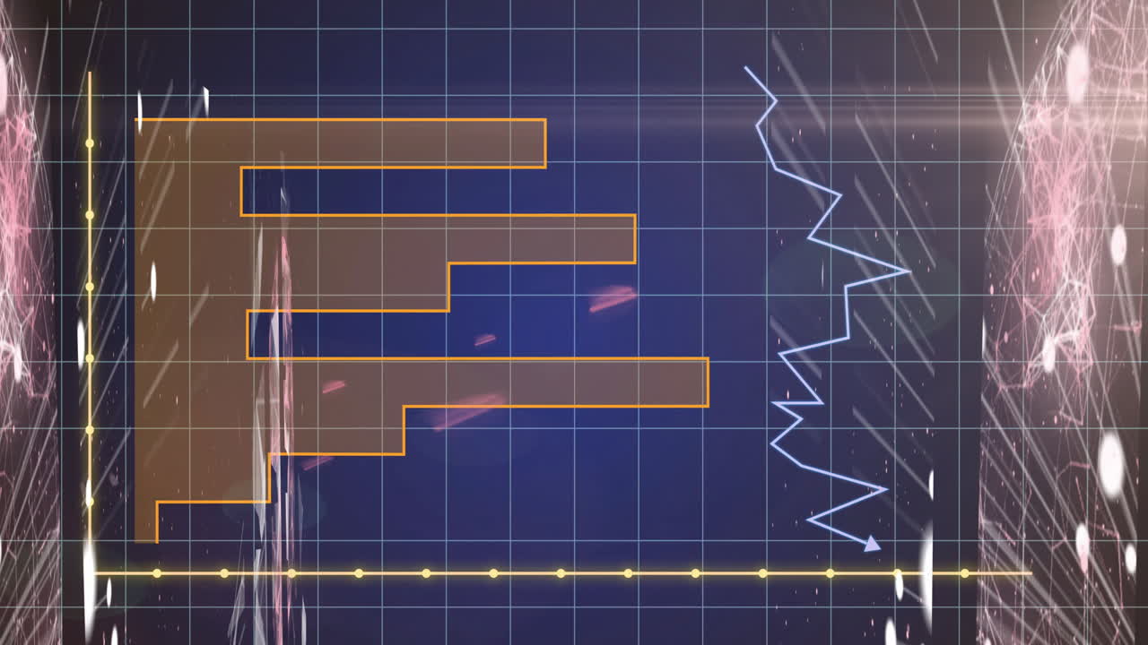 Displaying data analysis, animation of bar and line graphs on blue grid background