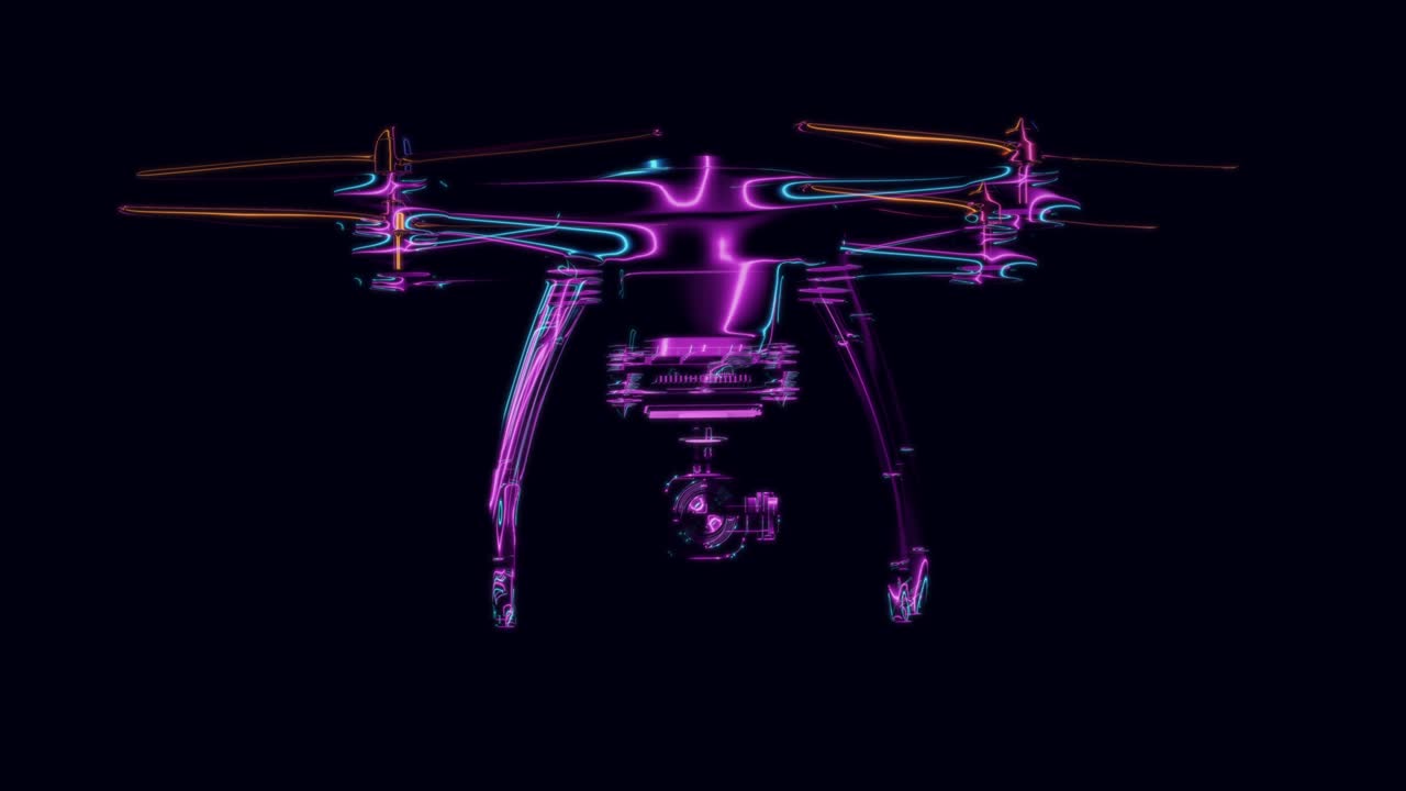 네온 라인에서 미래의 드론이 나타나고 사라집니다.