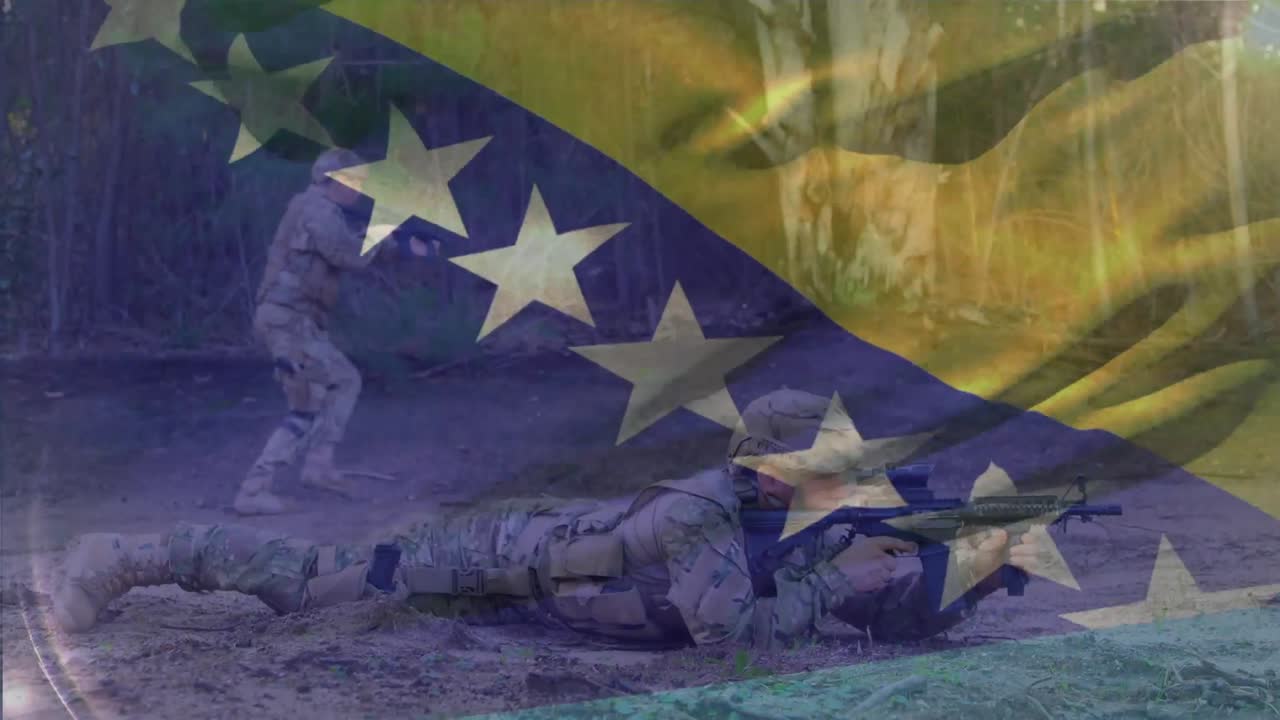 animación de la bandera de bosnia y herzegovina sobre varios soldados disparando con armas