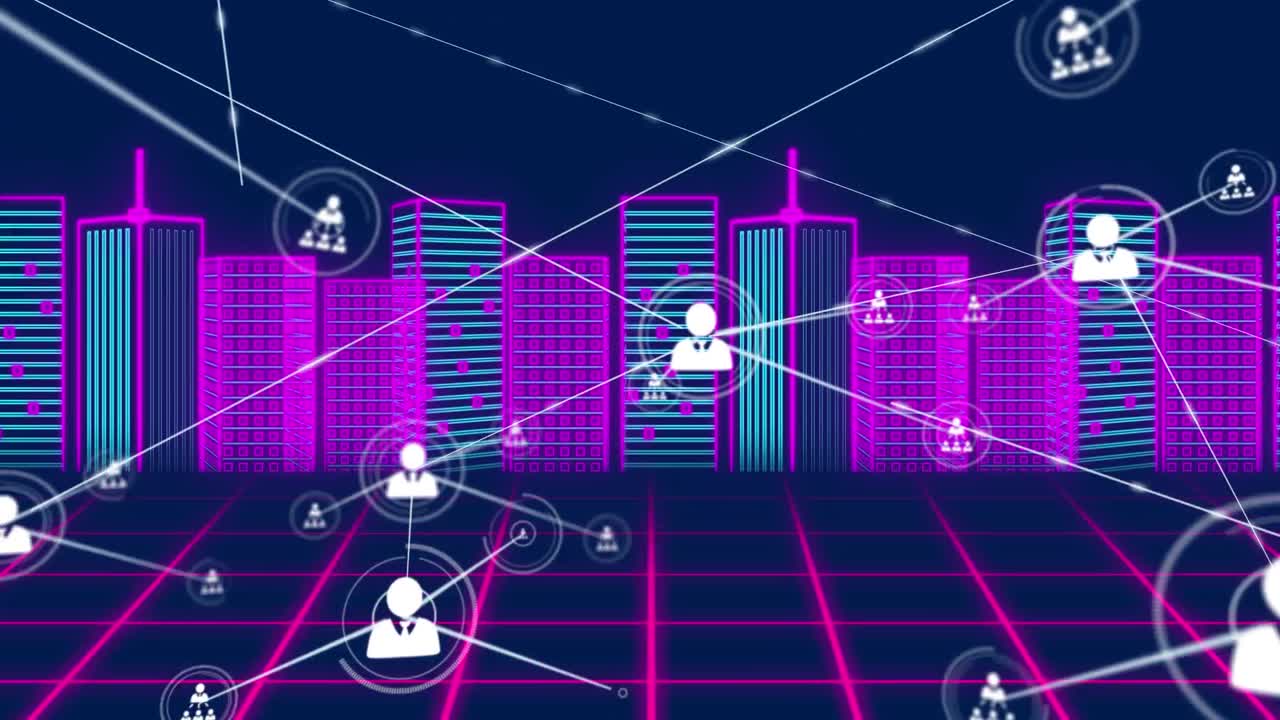 Animation of network of connections with people icons over cityscape