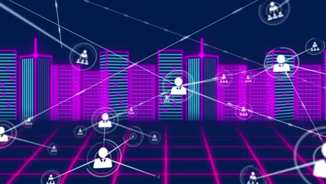 animation of network of connections with people icons over cityscape