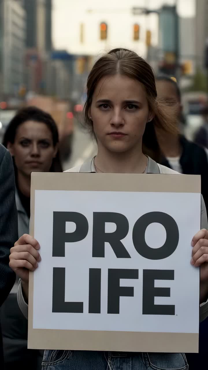 Vertical video: Leading female stepping forward, marching down city ave, holding PRO LIFE sign