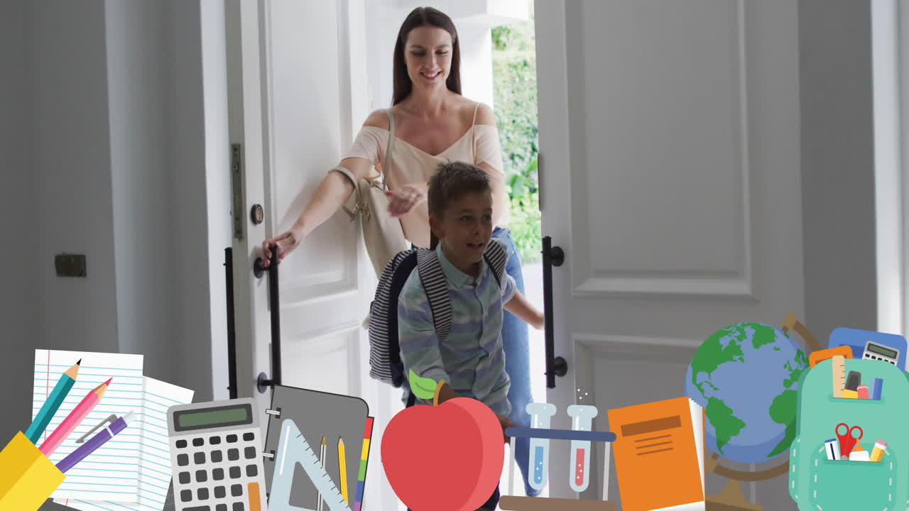 Animation of school icons over schoolboy with mother at home