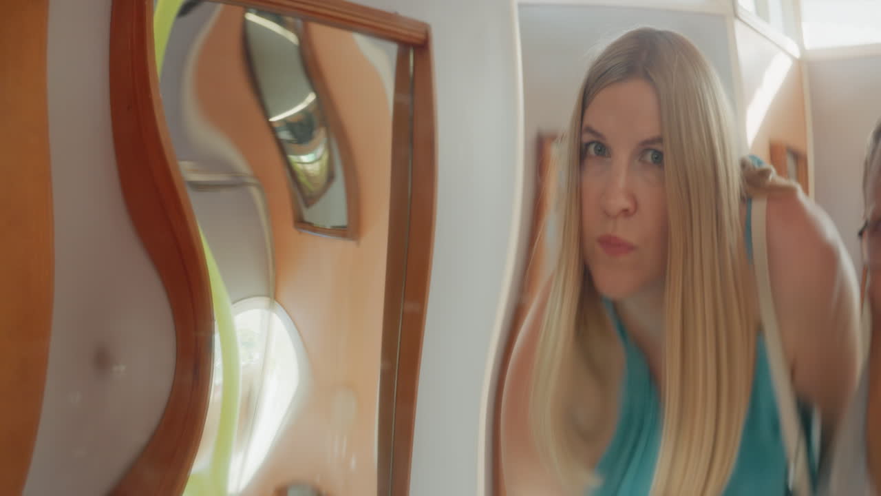Donna bionda che controlla il riflesso in uno specchio deformato, si sistema i capelli con espressione curiosa, zona spogliatoio interna con vetro curvo che crea una distorsione surreale, luce calda e morbida e ritratto ravvicinato.