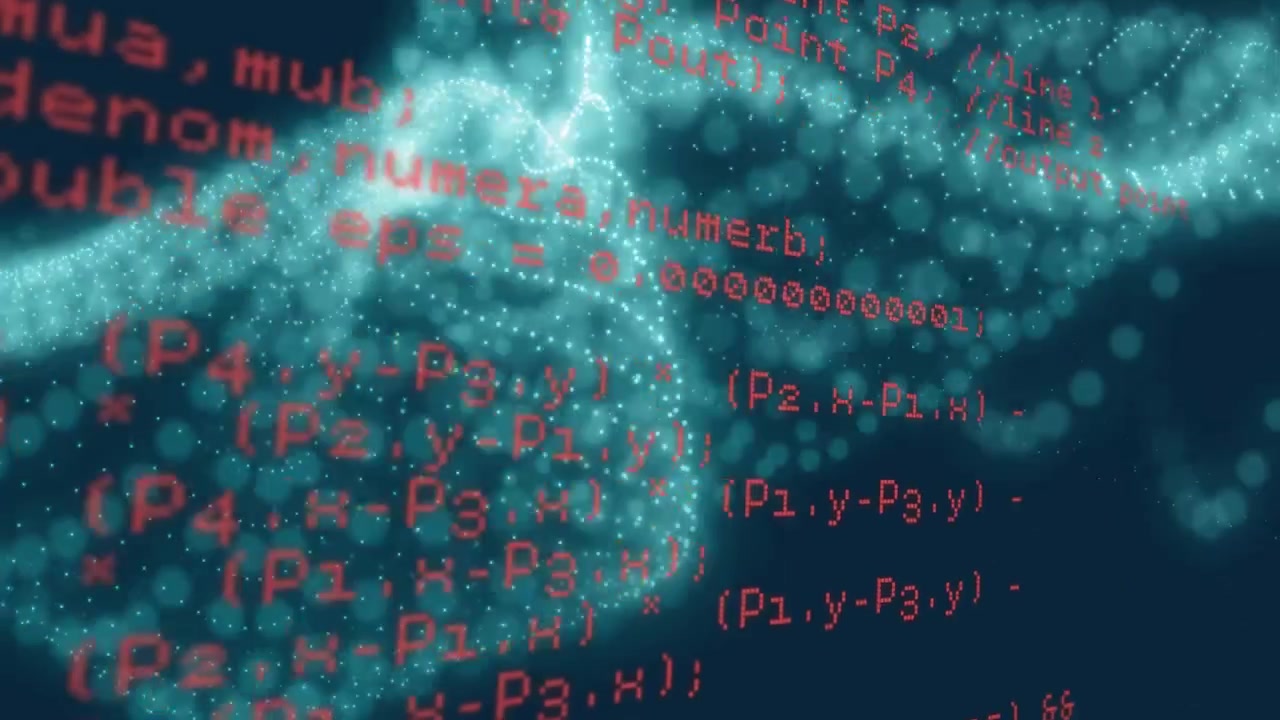 Teal 3D mesh initiating wave motion overlaying scrolling red code text visualizing data flow