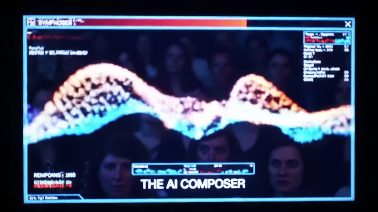 An energetic performance features a captivating AI composer showcasing vivid visuals and music, engaging a mesmerized audience immersed in the artistic spectacle.
