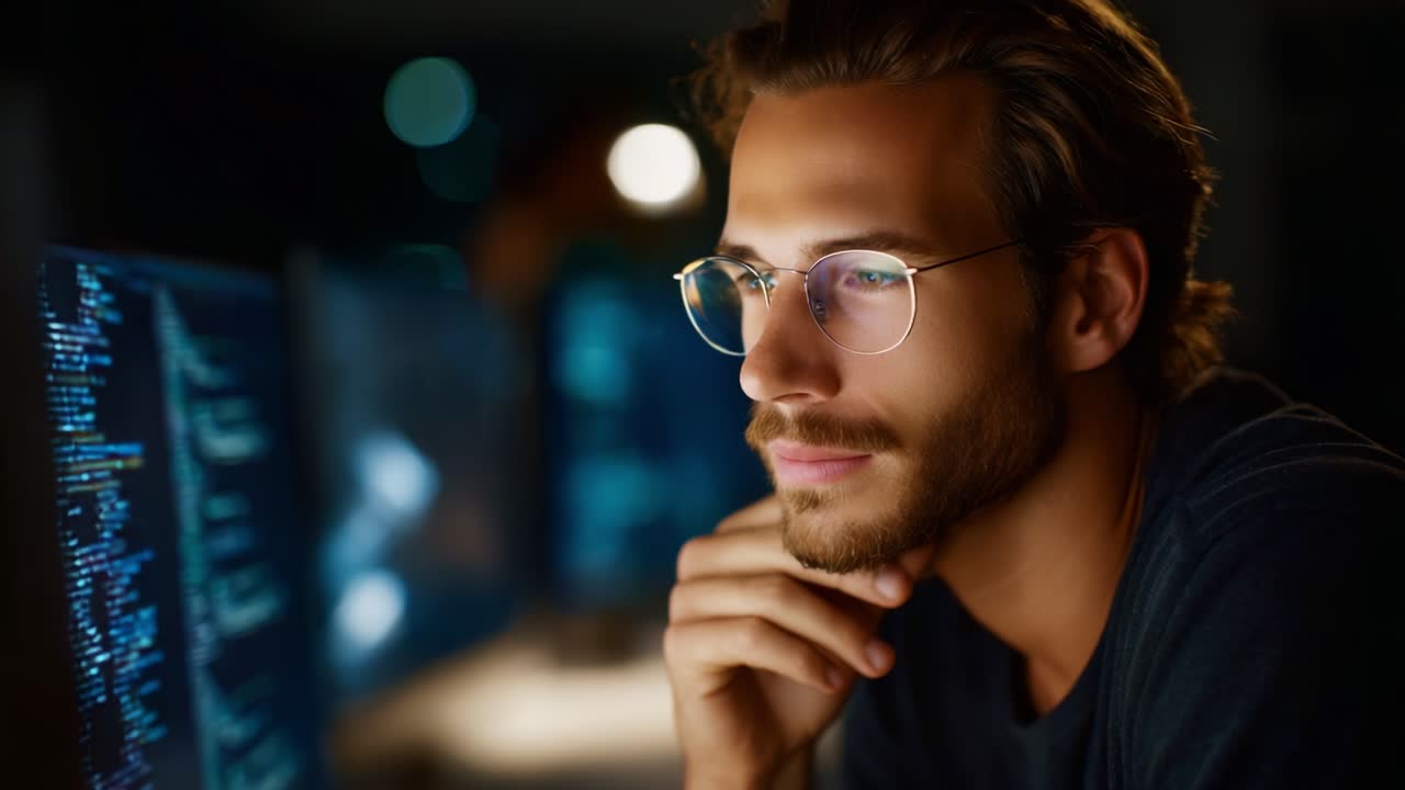 Contemplative Programmer Analyzing Code at Night, Captured in Two Frames of Intense Focus and Innovation, Highlighting the World of Coding and Technology