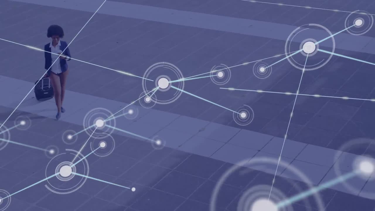 가방을 들고 있는 아프리카계 미국인 사업가 여성에 대한 연결 네트워크의 애니메이션