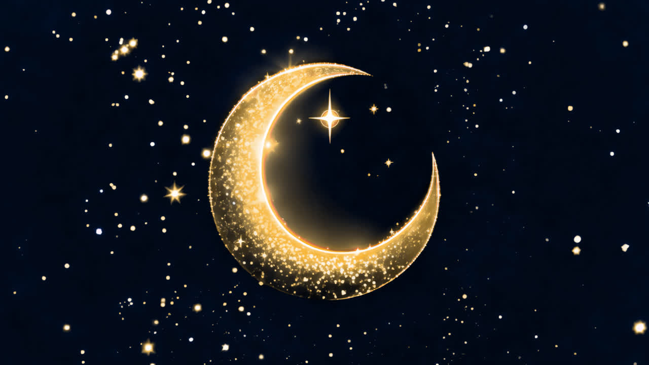 Glittering crescent moon illustration animated overlay, transparent 4K video, alpha channel, ProRes