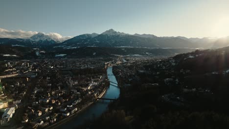 Aerial-drone:-city-of-Innsbruck,-Tyrol,-Austria