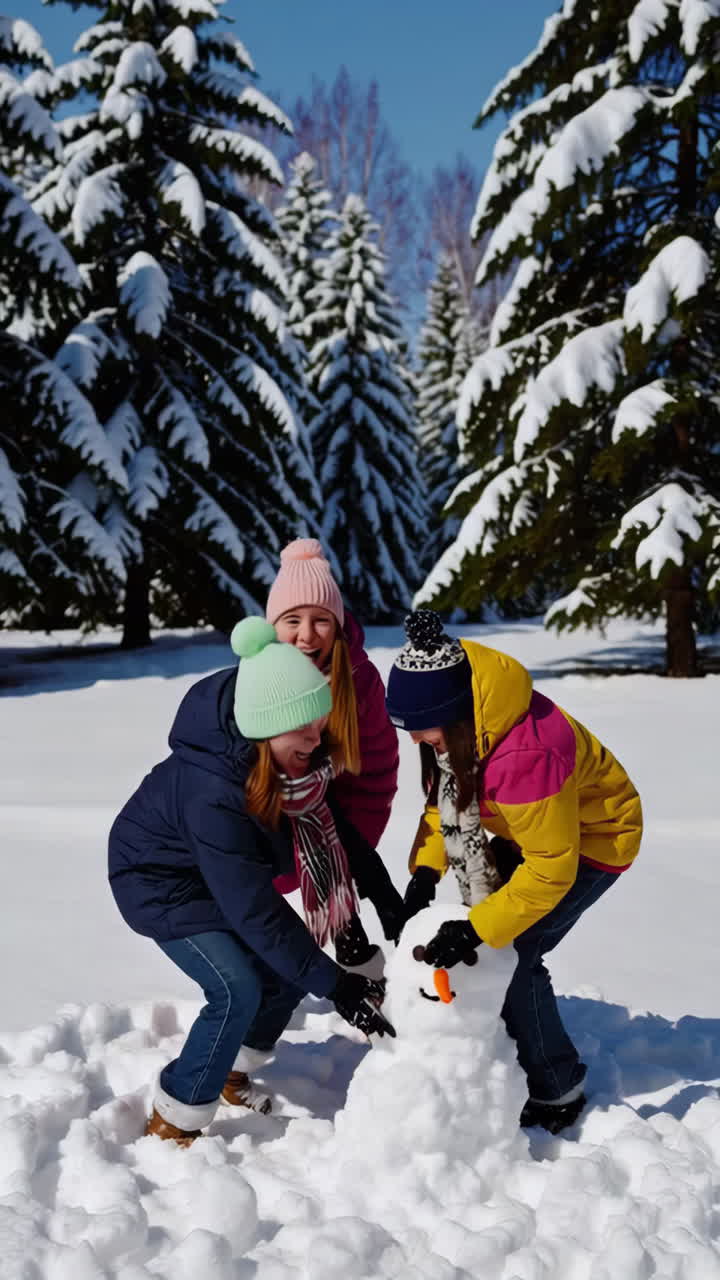 Friends having fun playing in the snow and building a snowman