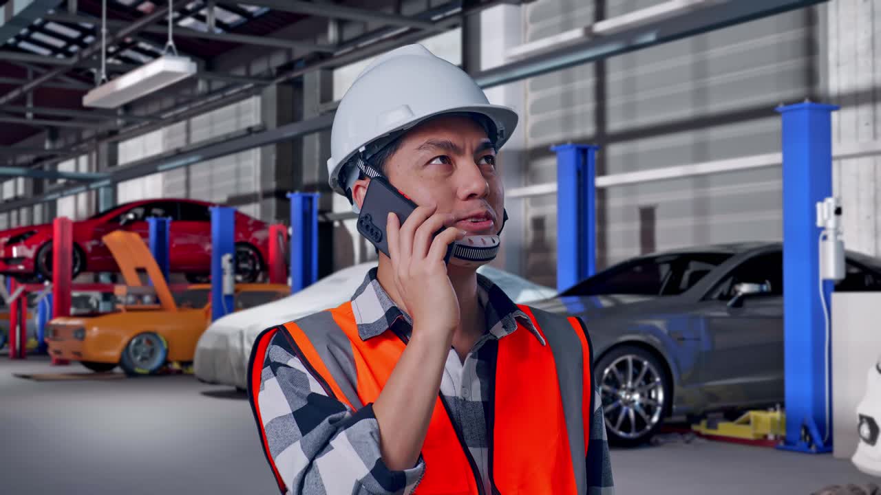 Oto Tamirhanesinde Güvenlik Kaskı Takmış Akıllı Telefonla Konuşan Asyalı Mühendis Yakın Çekim