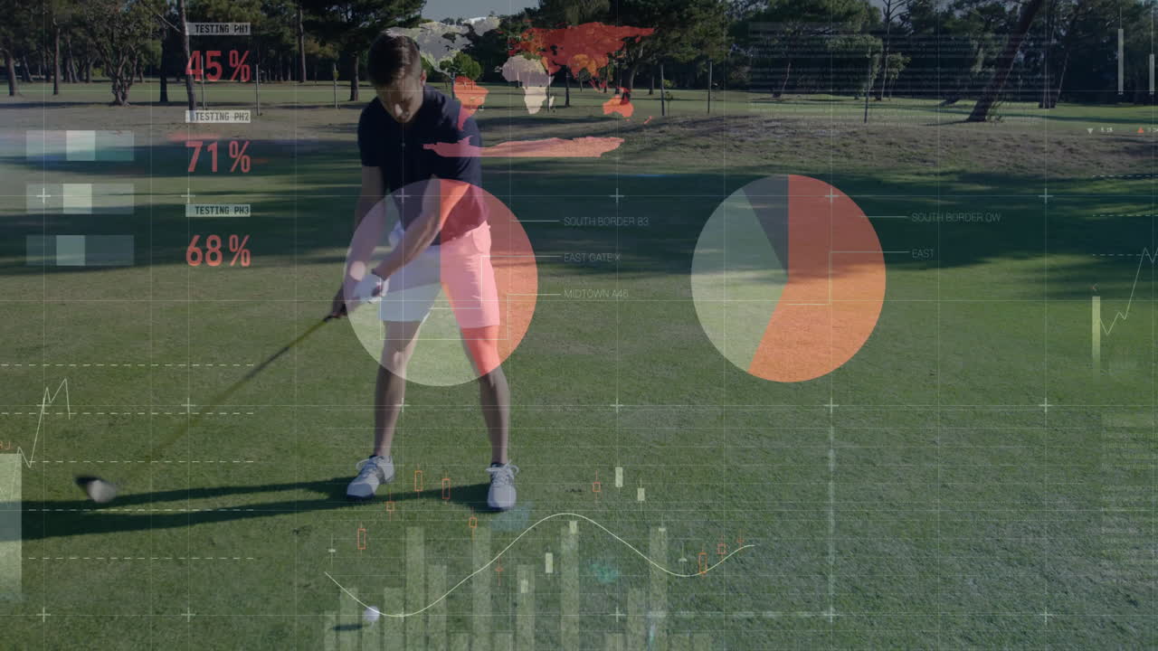 Male golfer swinging club on fairway, showcasing technology overlays with pie charts graphs heatmap