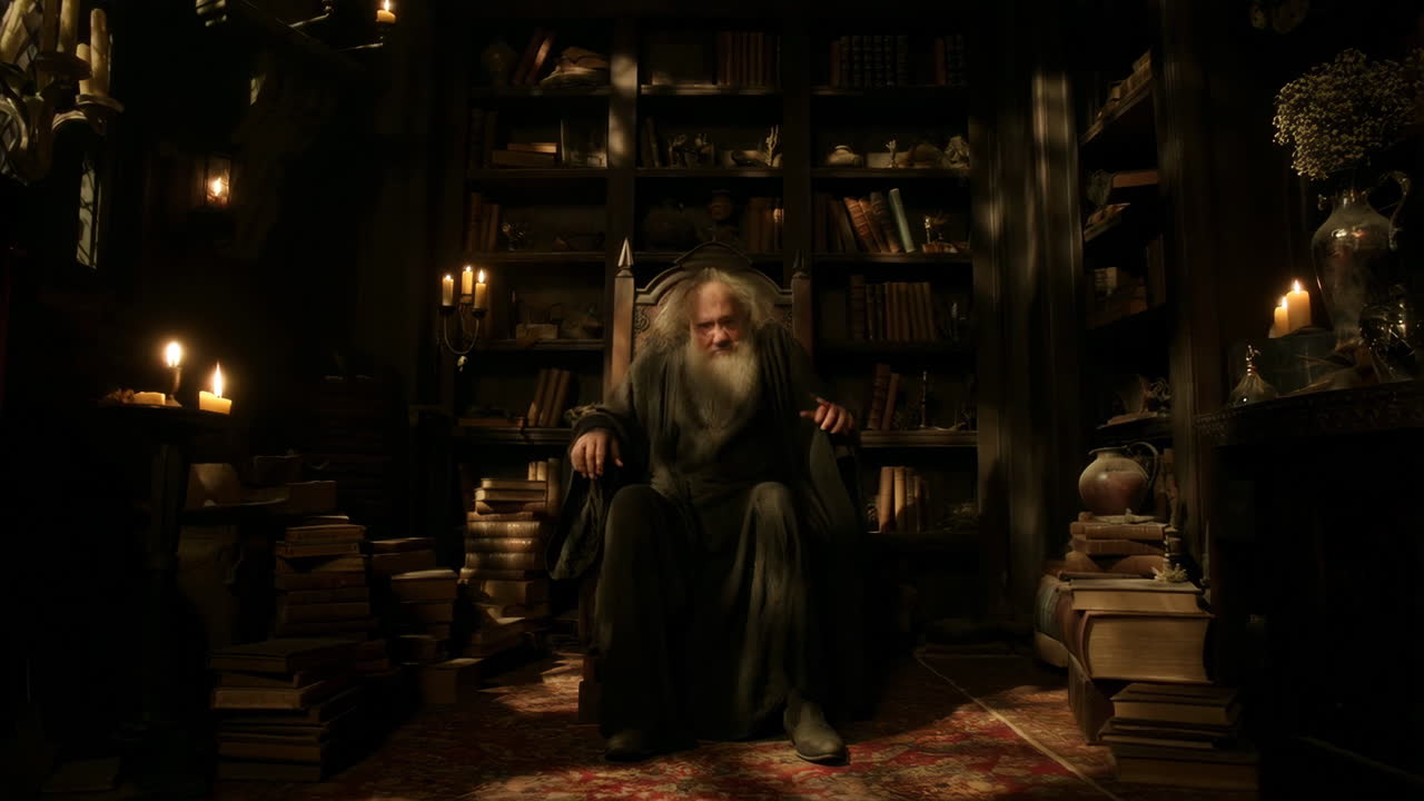 Old Bearded Man in a Candlelit Library