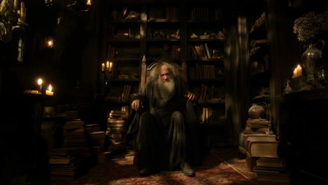 old bearded man in a candlelit library