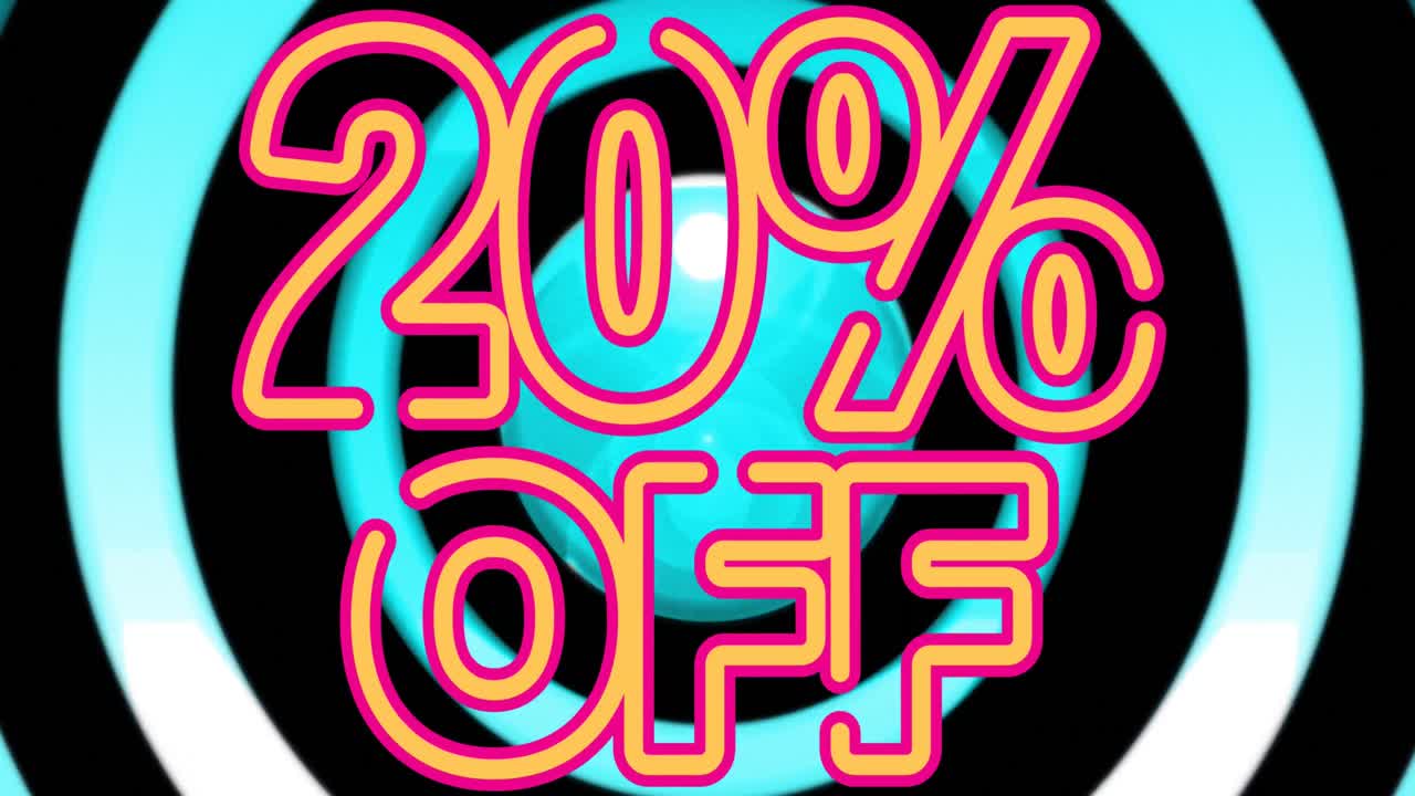 animación de círculos en movimiento y un 20% de descuento en fondo negro