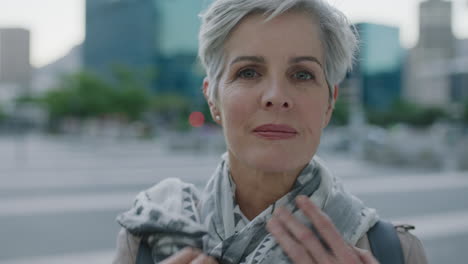 portrait-of-confident-mature-caucasian-woman-looking-serious-wearing-scarf-in-urban-city-background