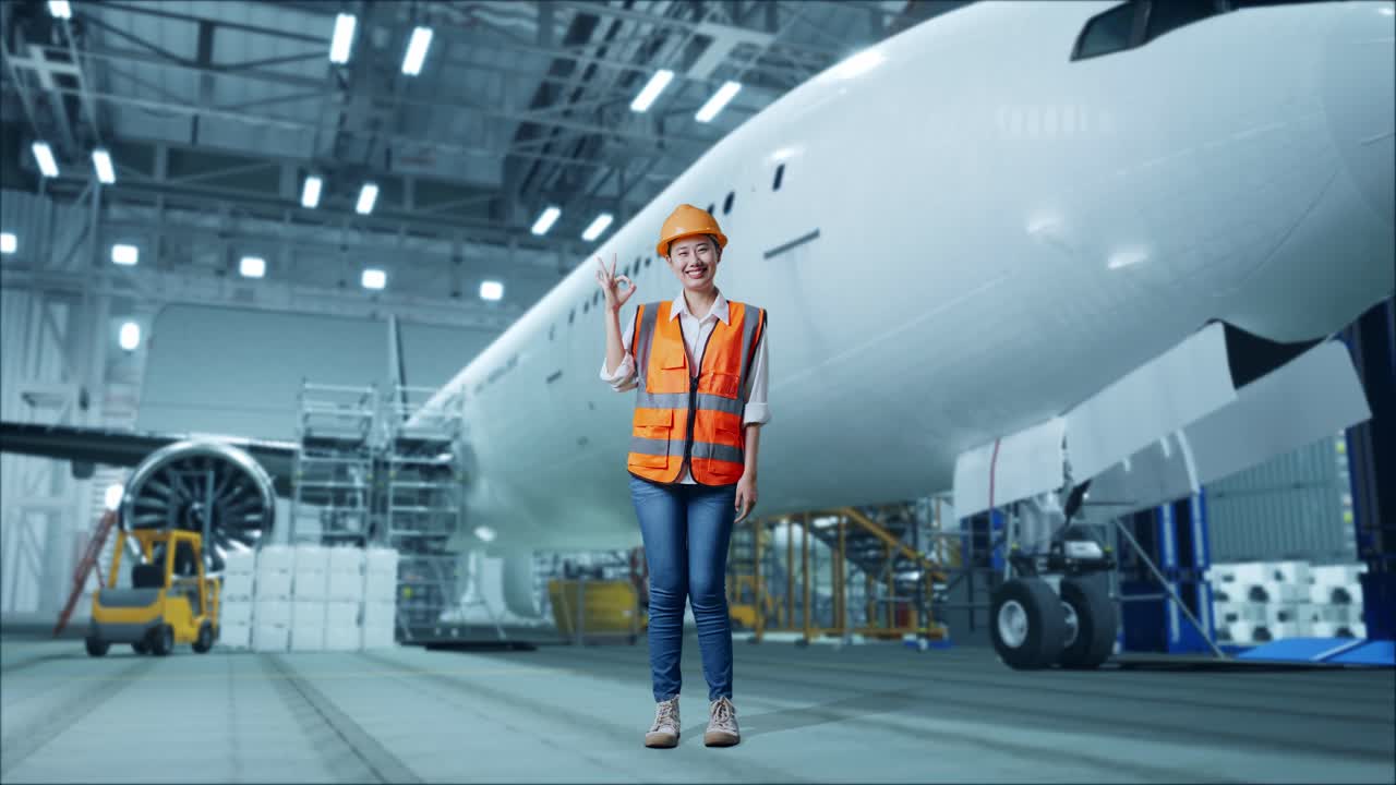 mujer ingeniera dando la señal de ok en el hangar del avión