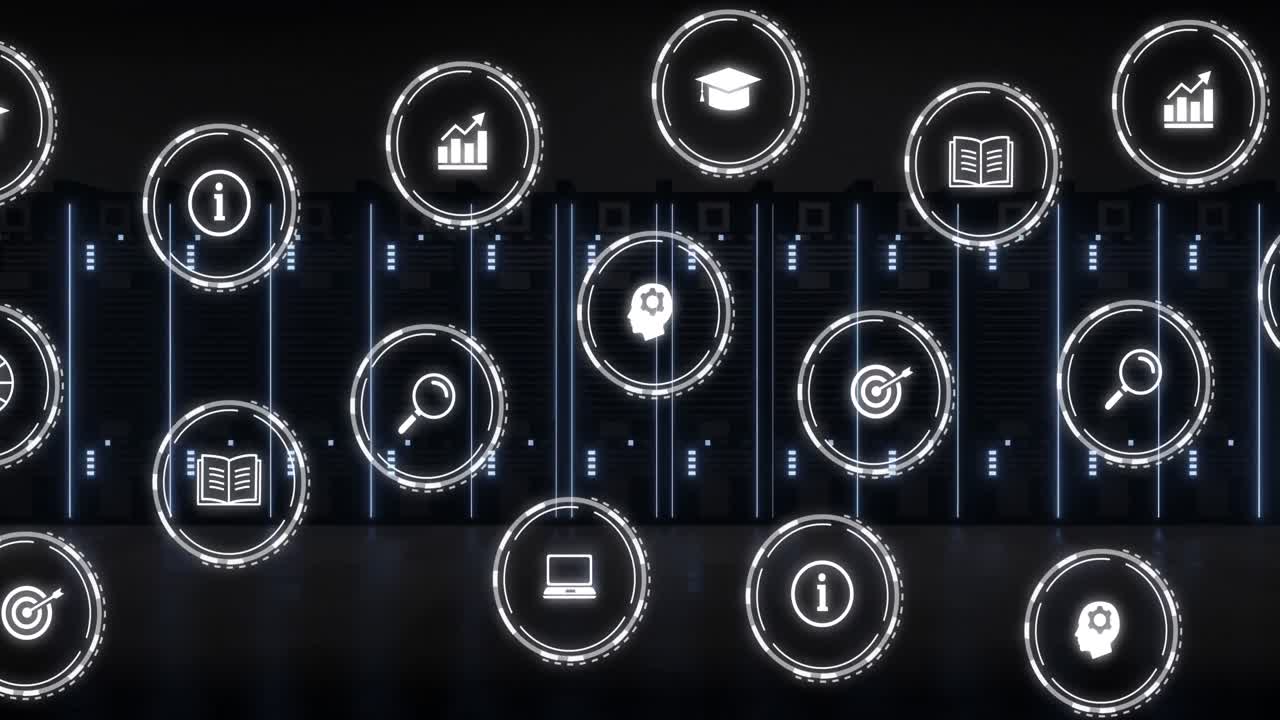 Animation of network of digital icons over computer servers