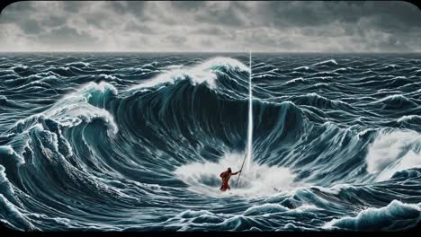 un monje navega por un mar tormentoso