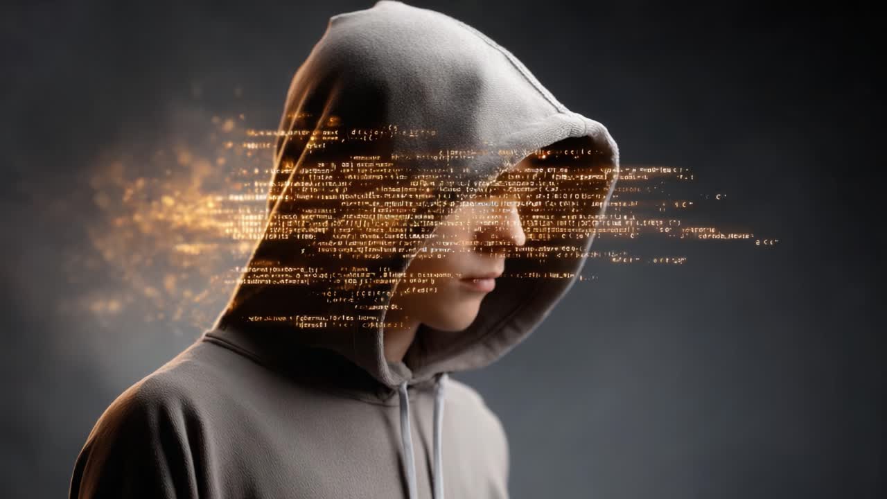 A Mysterious Figure in a Hoodie Surrounded by Data Streams Symbolizing the Intersection of Technology and Identity in a Digital Age