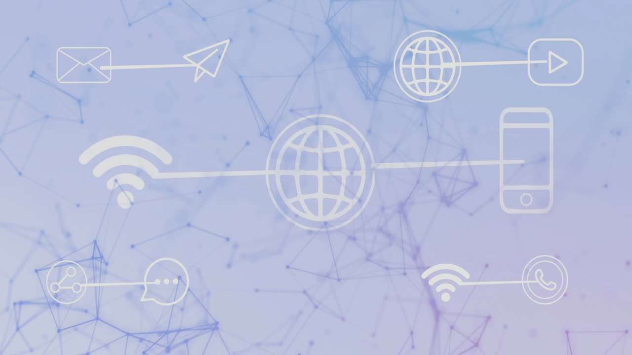 Animation of network connectivity symbols over abstract digital connections background