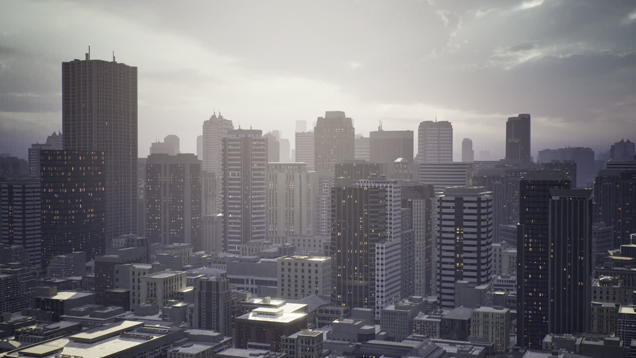 Cityscape silhouettes under a cloudy sky evoke urban mysteries and stories