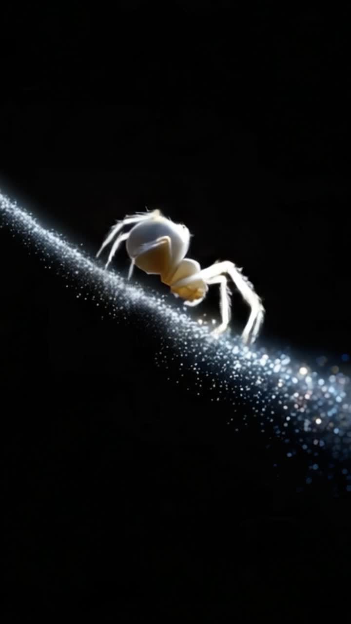 Una delicada araña blanca atraviesa elegantemente un hilo reluciente, rodeada por un fondo brillante que resalta sus intrincadas características y su grácil movimiento