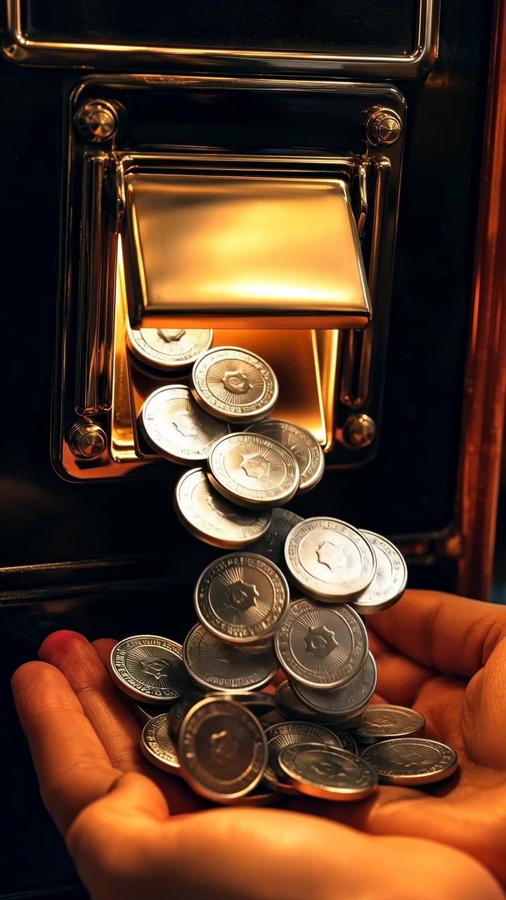 Metal coins drop onto fabric-like surface and overlap while warm illumination reveals shiny edges, dark background, and changing positions during the falling motion.