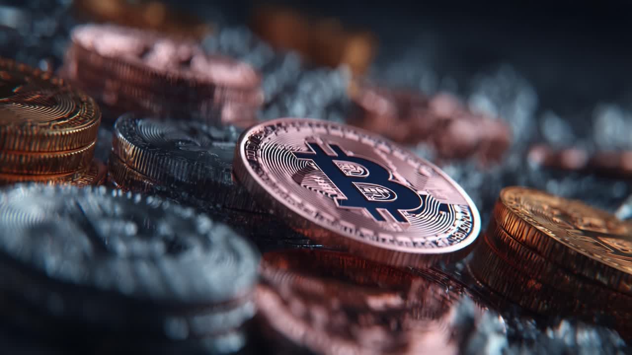 A Close-Up View of Bitcoin Coins Amidst Various Cryptocurrency Coins in a Digital Setting, Highlighting the Evolution of Finance and Investment Opportunities